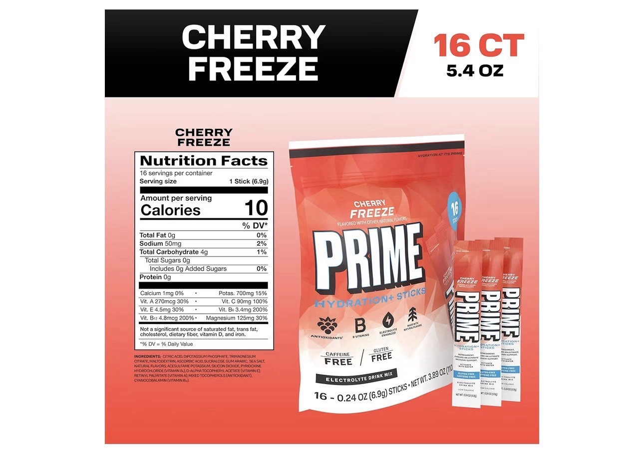 Prime Hydration+ Cherry Freeze Electrolyte Drink Mix Sticks 16 Pack New BB:02/28
