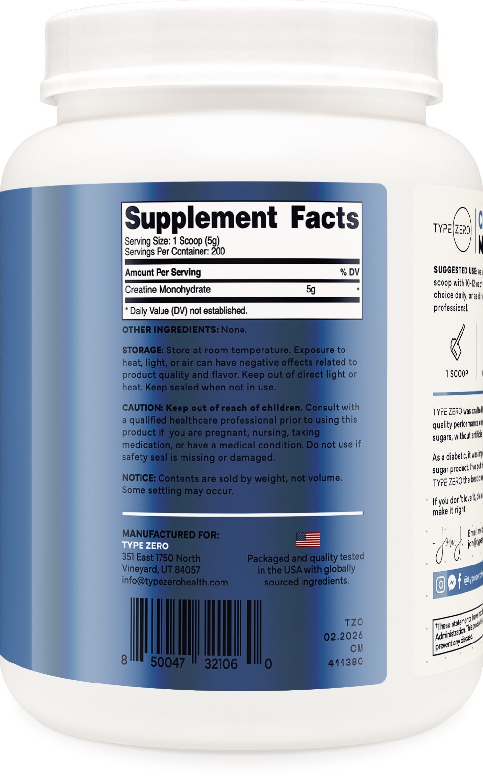 Type Zero Creatine Monohydrate (Unflavored | 1KG), 5000 mg Per Serving