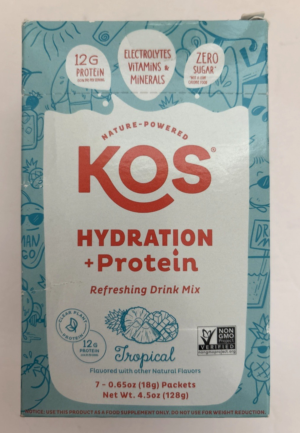 Kos Hydration Protein Nature Powered Drink Mix Tropical Electrolytes 7 Packets