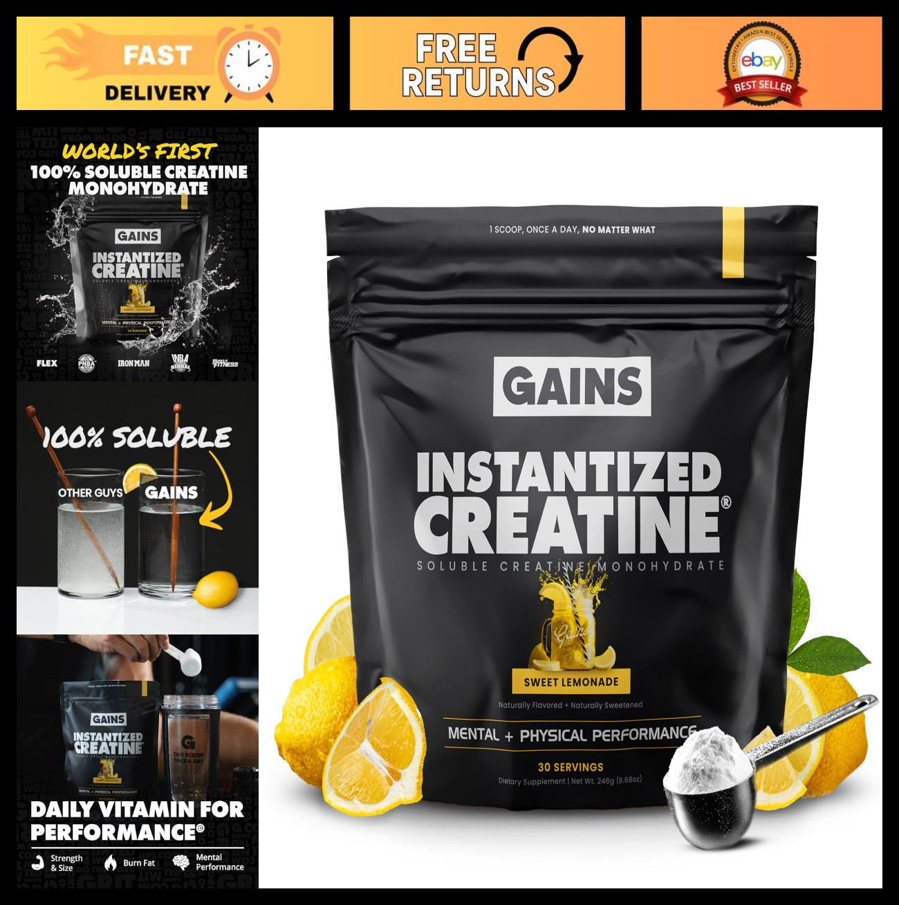 Instantized Creatine Monohydrate Powder – Pre Workout, Muscle Building, 30 Servi