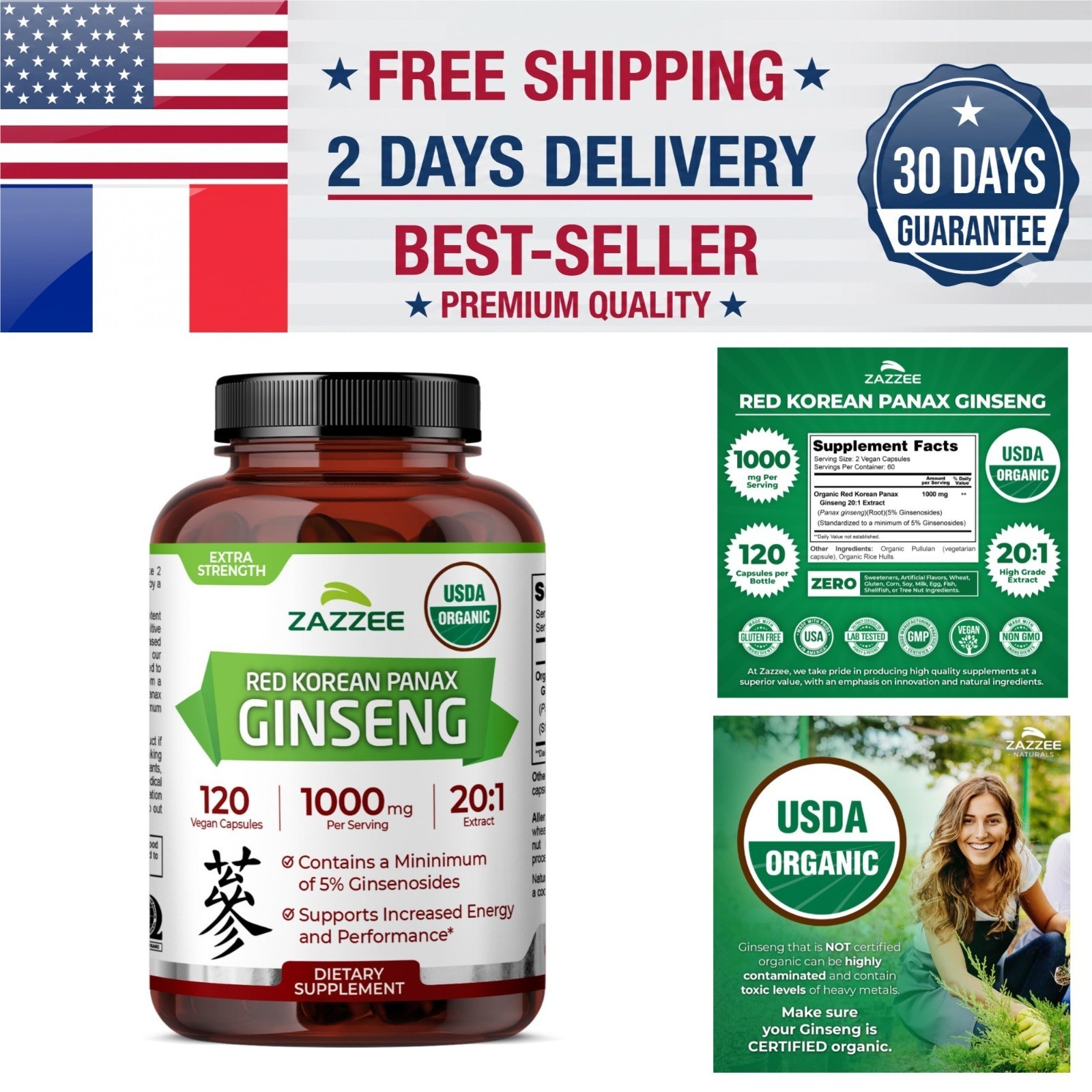 Zazzee Organic Red Korean Panax Ginseng 20:1 Extract 120 Capsules