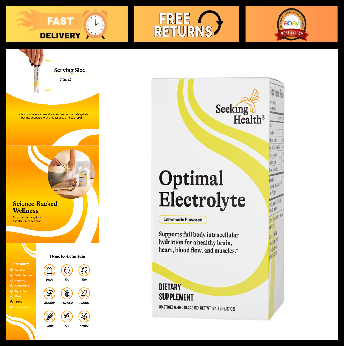 Electrolyte Drink Sticks for Hydration & Muscle Recovery – Vegan, Gluten-Free, 3