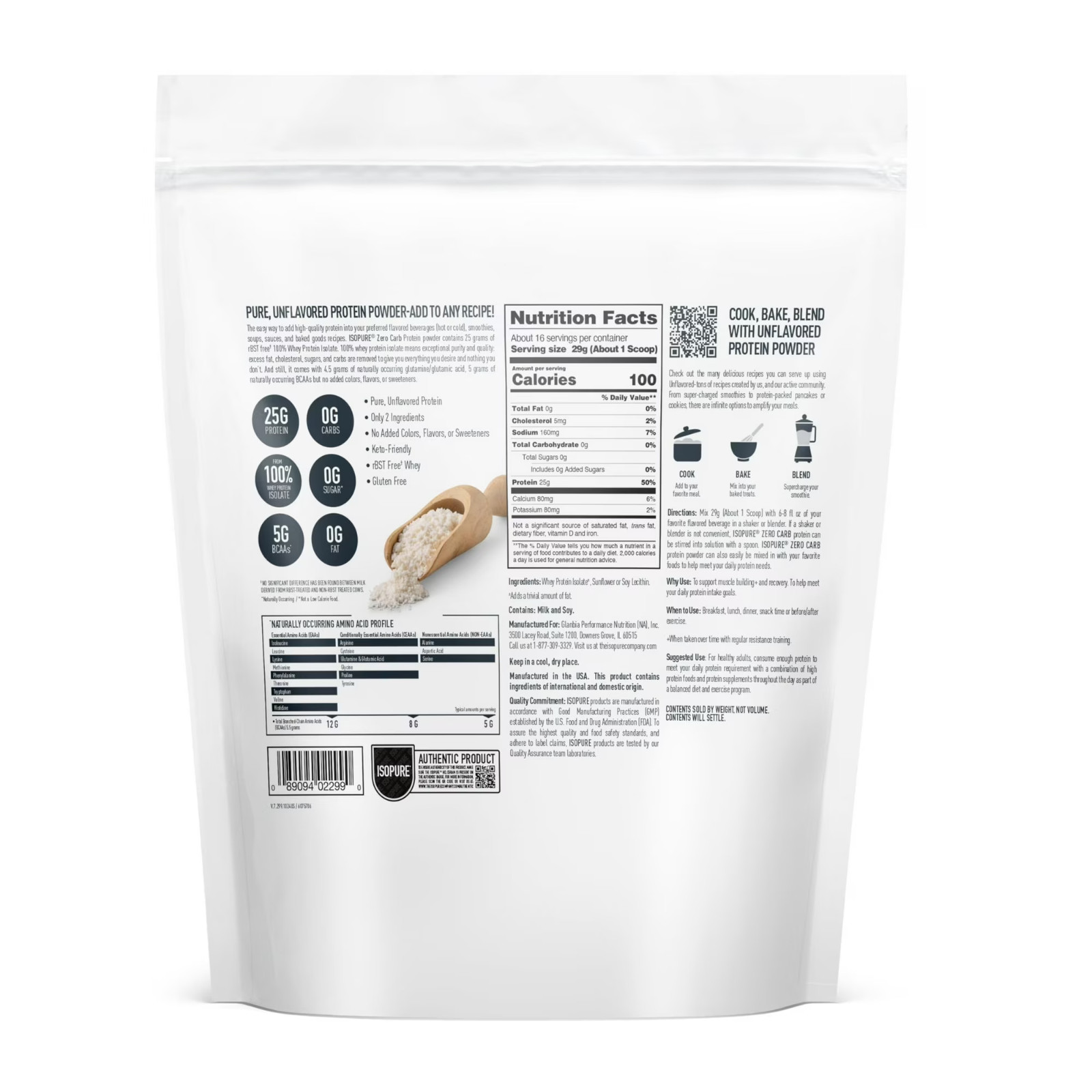 Isopure Zero Carb 100% Whey Protein Isolate Unflavored 25g 16 Servings