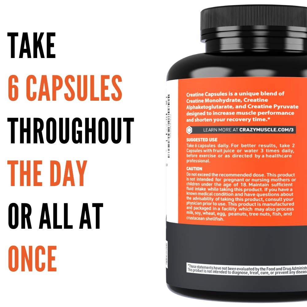 Crazy Muscle Creatine Capsules, 5g of Premium 3X ThreeAtine Pre Workout Bulk …