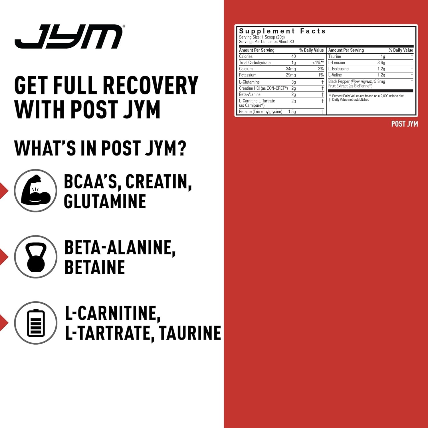 JYM Post JYM Recovery Powder – Amino, Creatine HCL, BCAA, Glutamine, 30 Servings