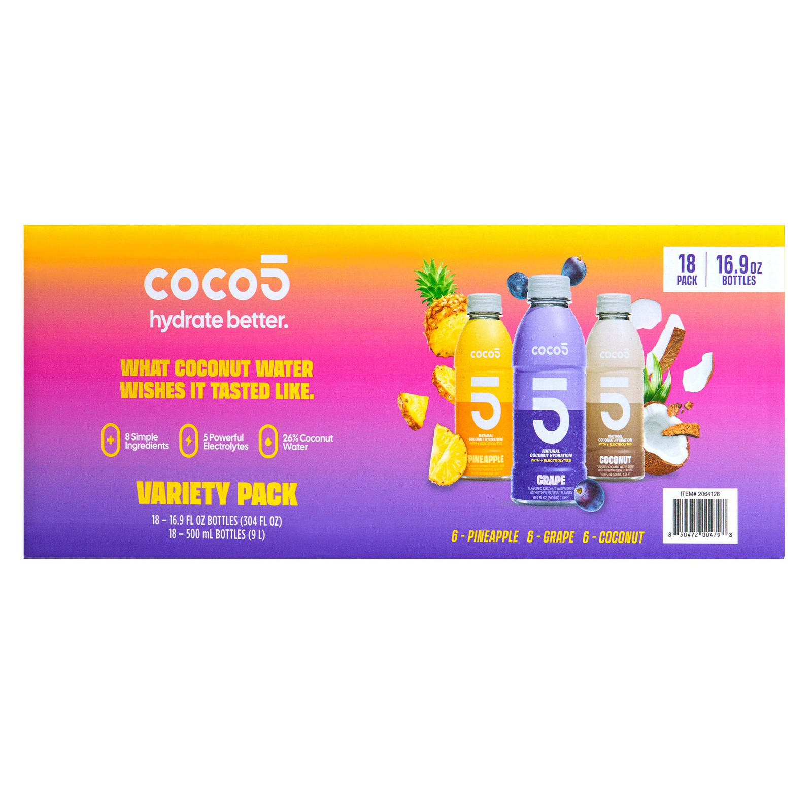 Coco5 Natural Coconut Water Hydration Drink, Variety, 16.9 oz Bottles, 18-Pack