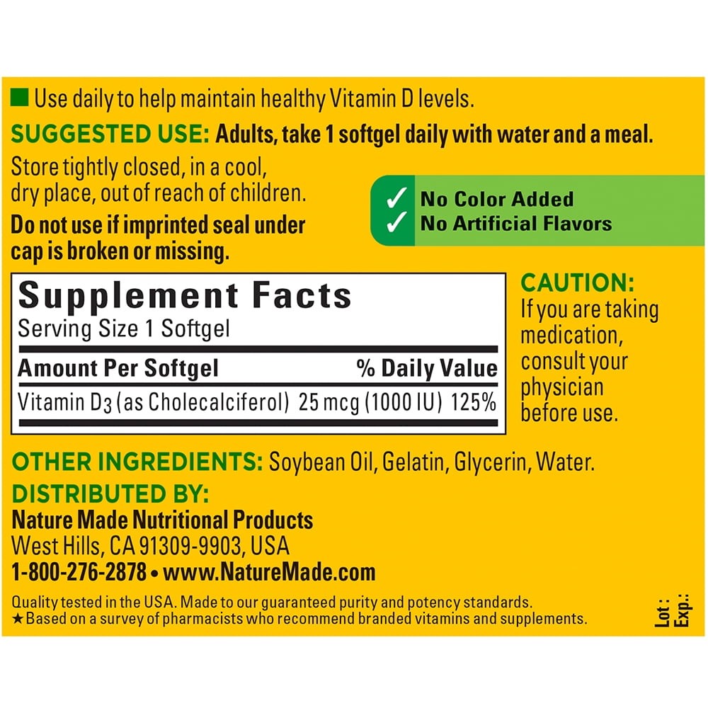 Nature Made Vitamin D3 1000 IU, 180 Softgels
