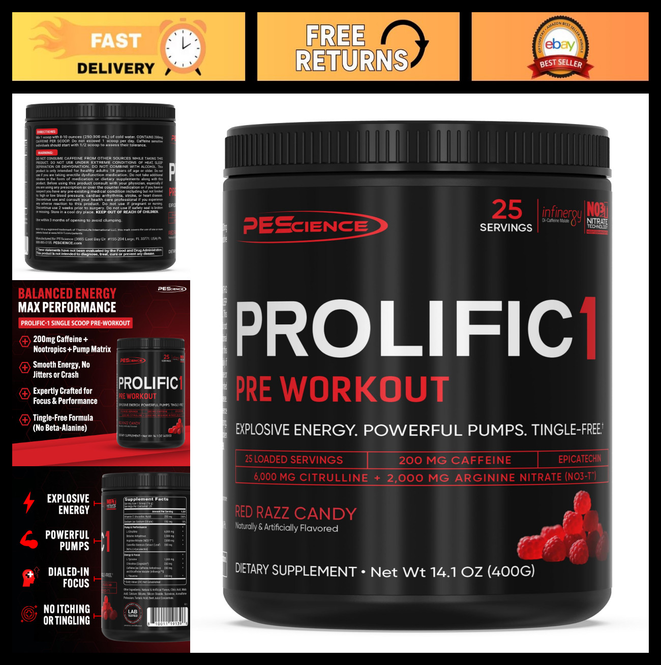 Pre-Workout Powder Red Razz Candy, 25 Scoops | Energy Booster, Focus & Pump, No