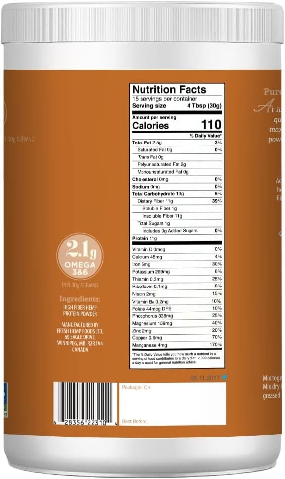 Just Hemp Foods Hemp Protein Powder Plus Fiber Non-GMO Verified with 11g of P