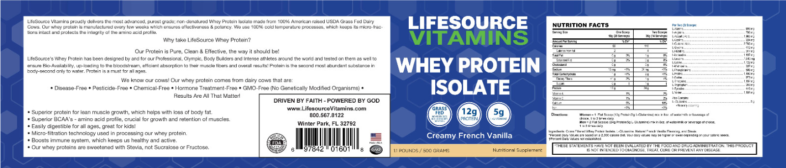 LifeSource Vitamins Whey Protein ISOLATE – Creamy French Vanilla 1.1lb.