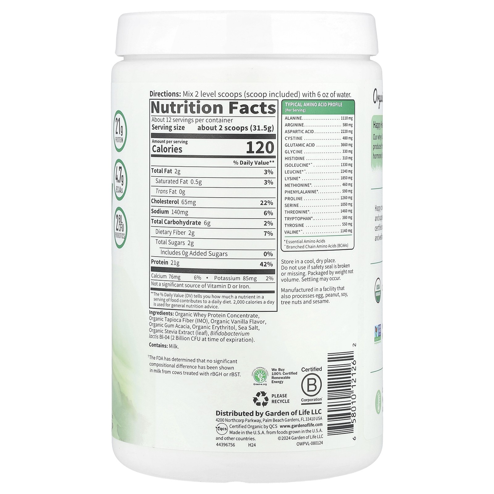 Organic Whey Protein, Grass-Fed, Vanilla, 13.33 oz (378 g)