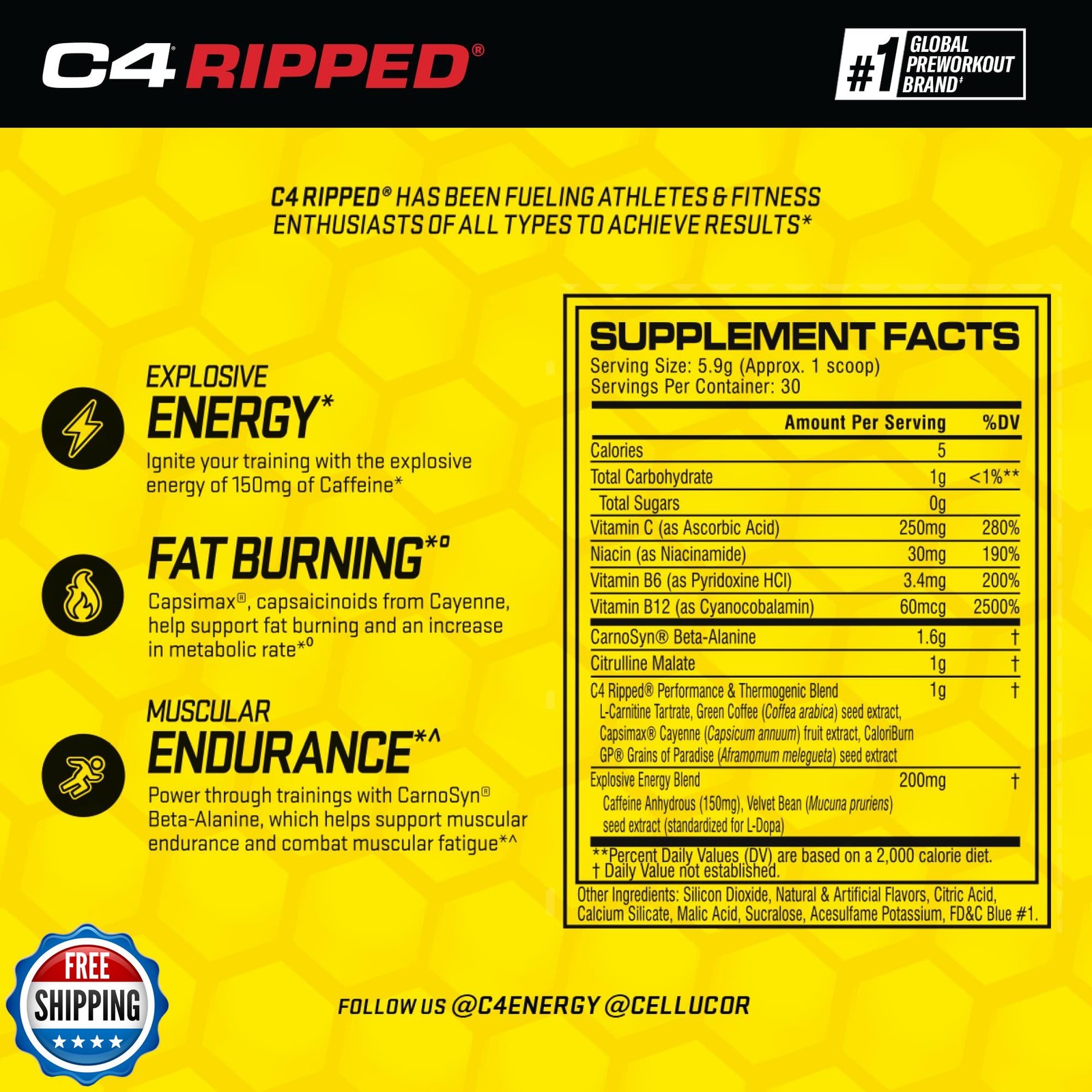 Cellucor C4 Ripped Pre Workout Powder for Energy, Beta Alanine, Sugar Free En