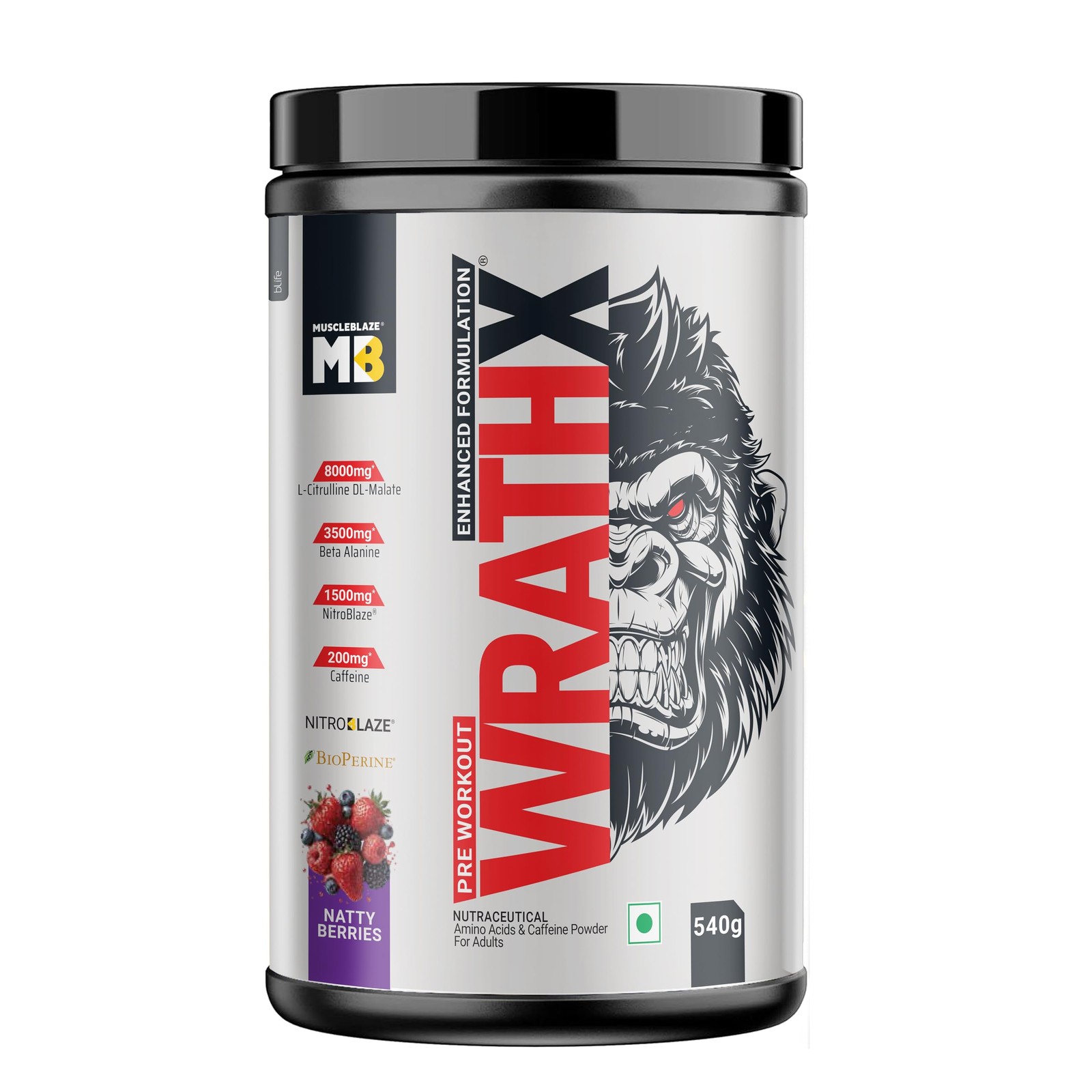 MuscleBlaze WrathX Pre Workout Powder 540g – Natty Berries, Creapure, NitroBlaze