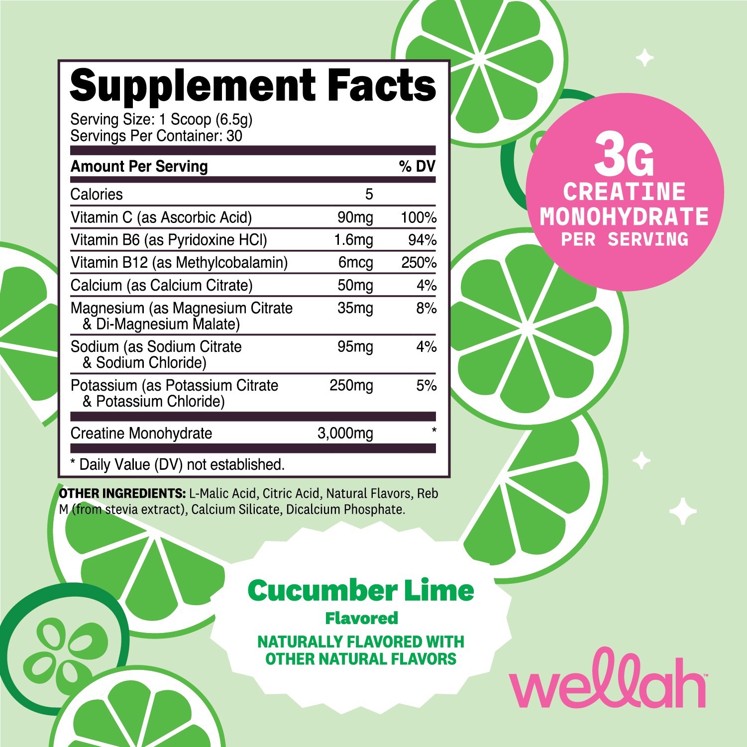 Wellah Creatine + Hydration Powder (Cucumber Lime) 30 Servings – Electrolyte Mix
