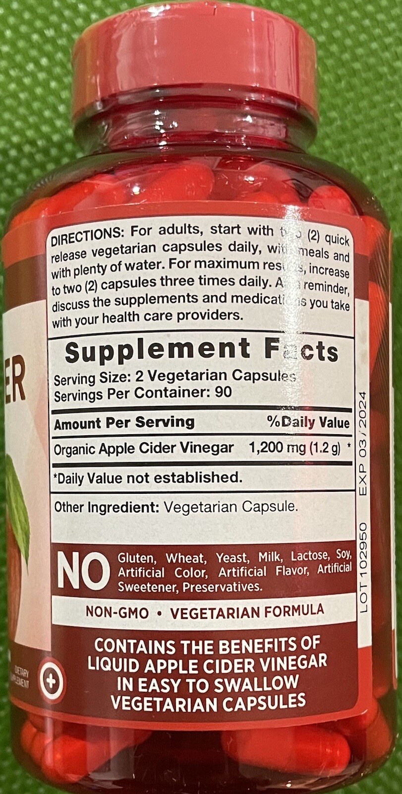Nature’s Truth APPLE CIDER VINEGAR 1200 mg Vegetarian.180 Capsule EX:8/24