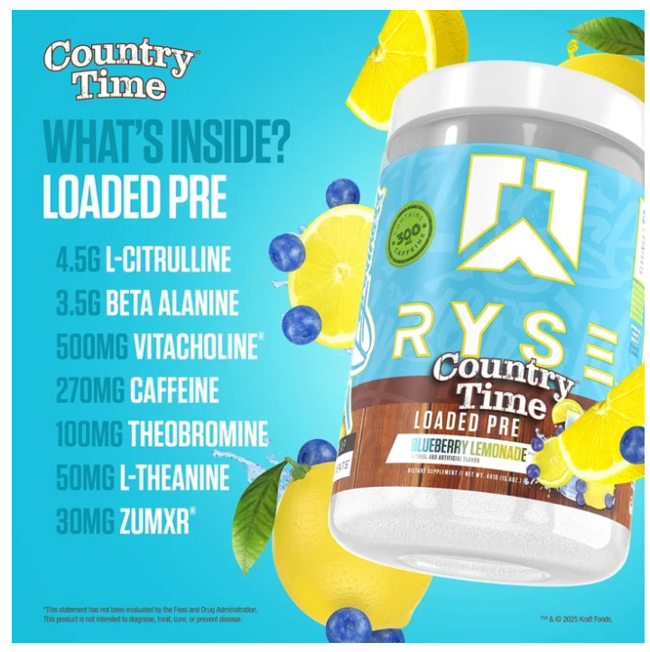 RYSE Loaded Daily Pre Workout Powder Country Time Blueberry Lemonade 30 Serv