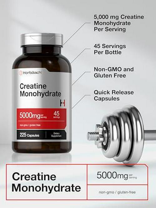 Horbäach Creatine Monohydrate | 5g | 225 Capsules | Non-GMO, Gluten Free