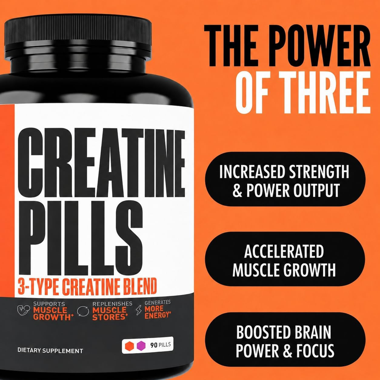 Threeatine Creatine Monohydrate Pills 5G Pure, 3X Formula for Muscle Support & T
