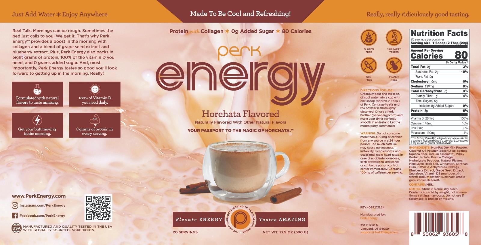Perk Energy Original Horchata Energy Drink Powder (20 Servings)