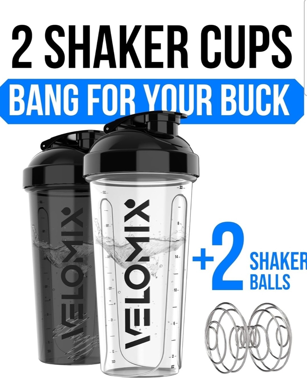 VELOMIX 2 Pack 28oz Protein Shaker Bottle for Protein Mixes, Black / Transparent