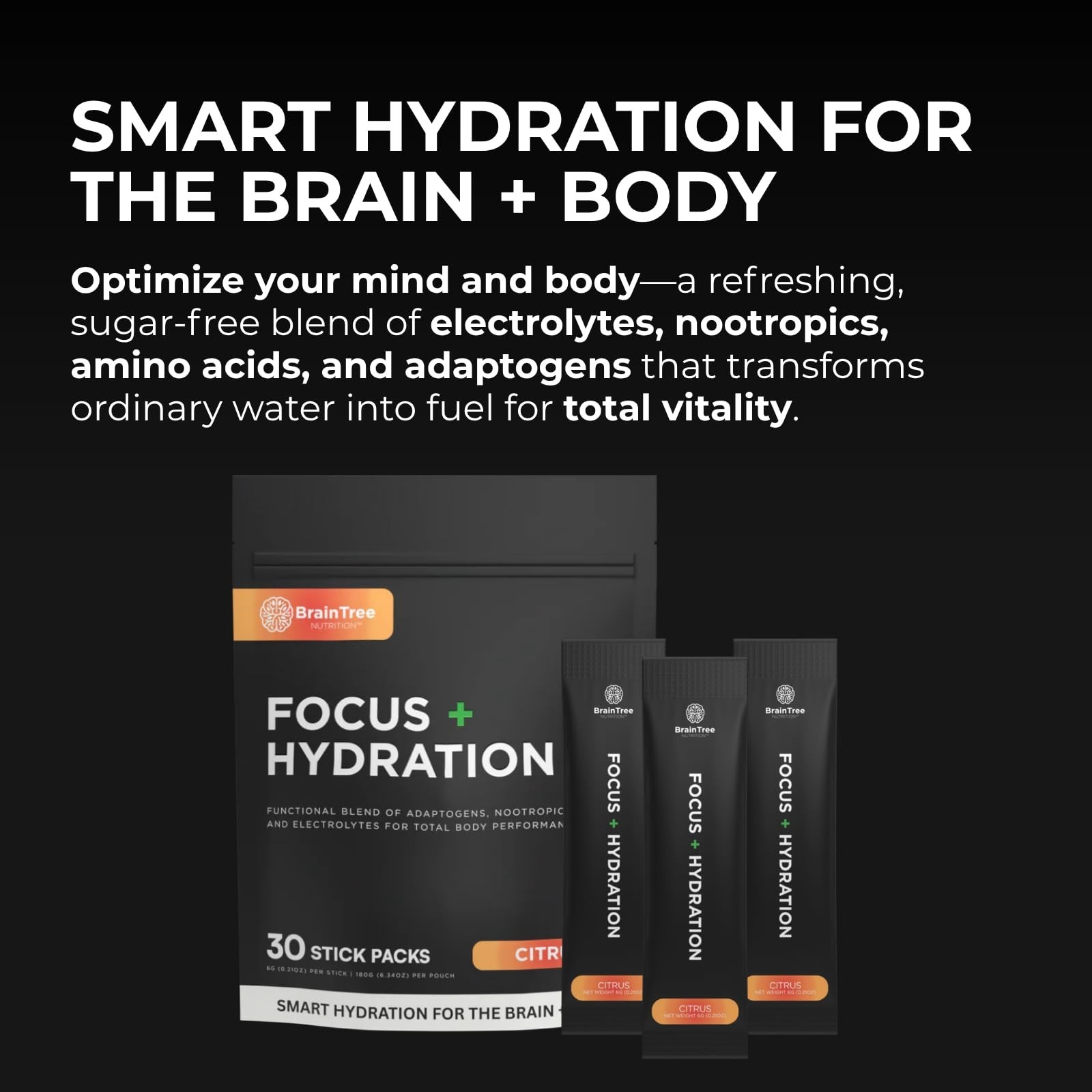 Electrolyte Drink Mix – Focus & Hydration – Sugar Free Citrus – 30 Stick Packs –