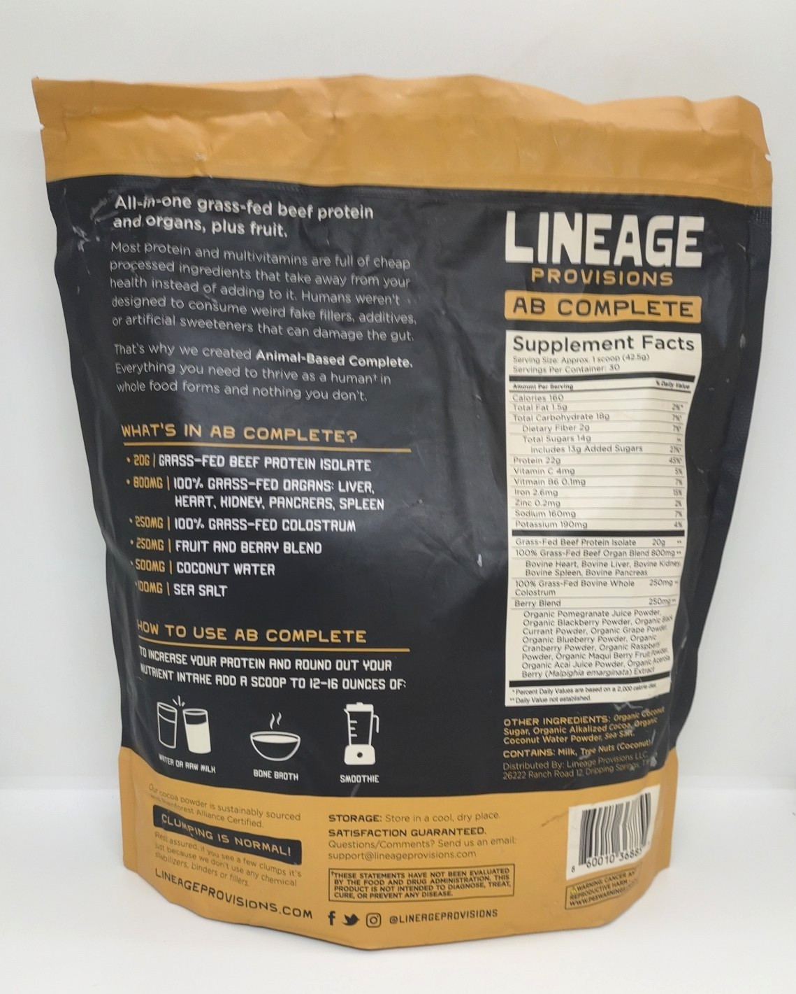 Lineage AB Complete CHOCOLATE Protein Powder 30 Servings Exp 04/2027