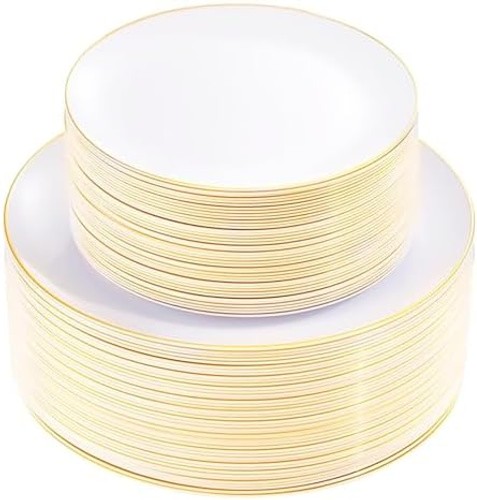 KIRE 100PCS White and Gold Plates – Plastic Disposable Plates – Includes 50Pi…