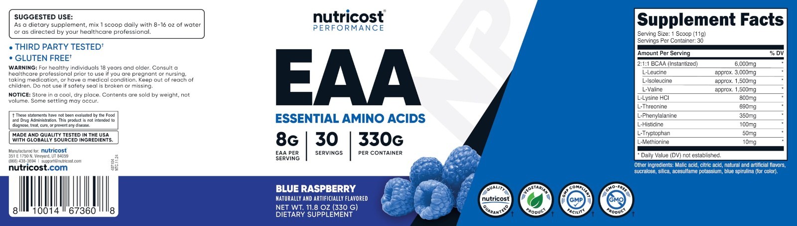 Essential Amino Acids EAA Powder – 30 Servings Blue Raspberry, GMO-Free, Gluten-