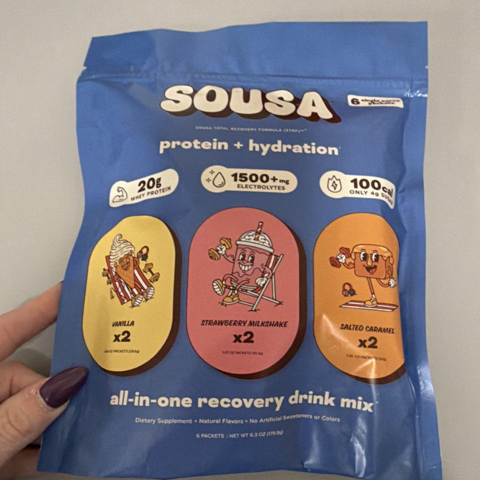 Sousa Protein + Hydration Recovery Drink Mix 6 Packets, 20g Protein, 3 Flavors