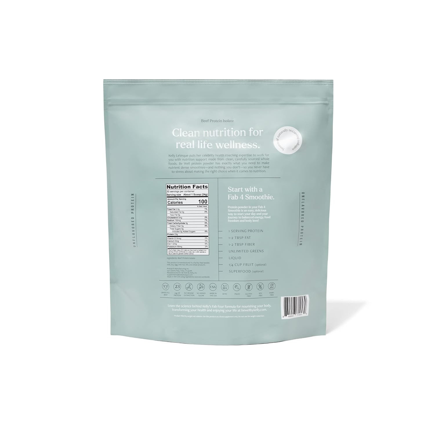 Be Well by Kelly Unflavored Grass-Fed Beef Protein Powder, 23G of Protein & Zero