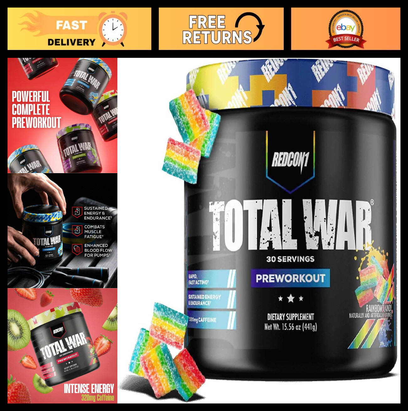 Total War Pre Workout Powder – Rainbow Candy Flavor, 320mg Caffeine, Citrulline