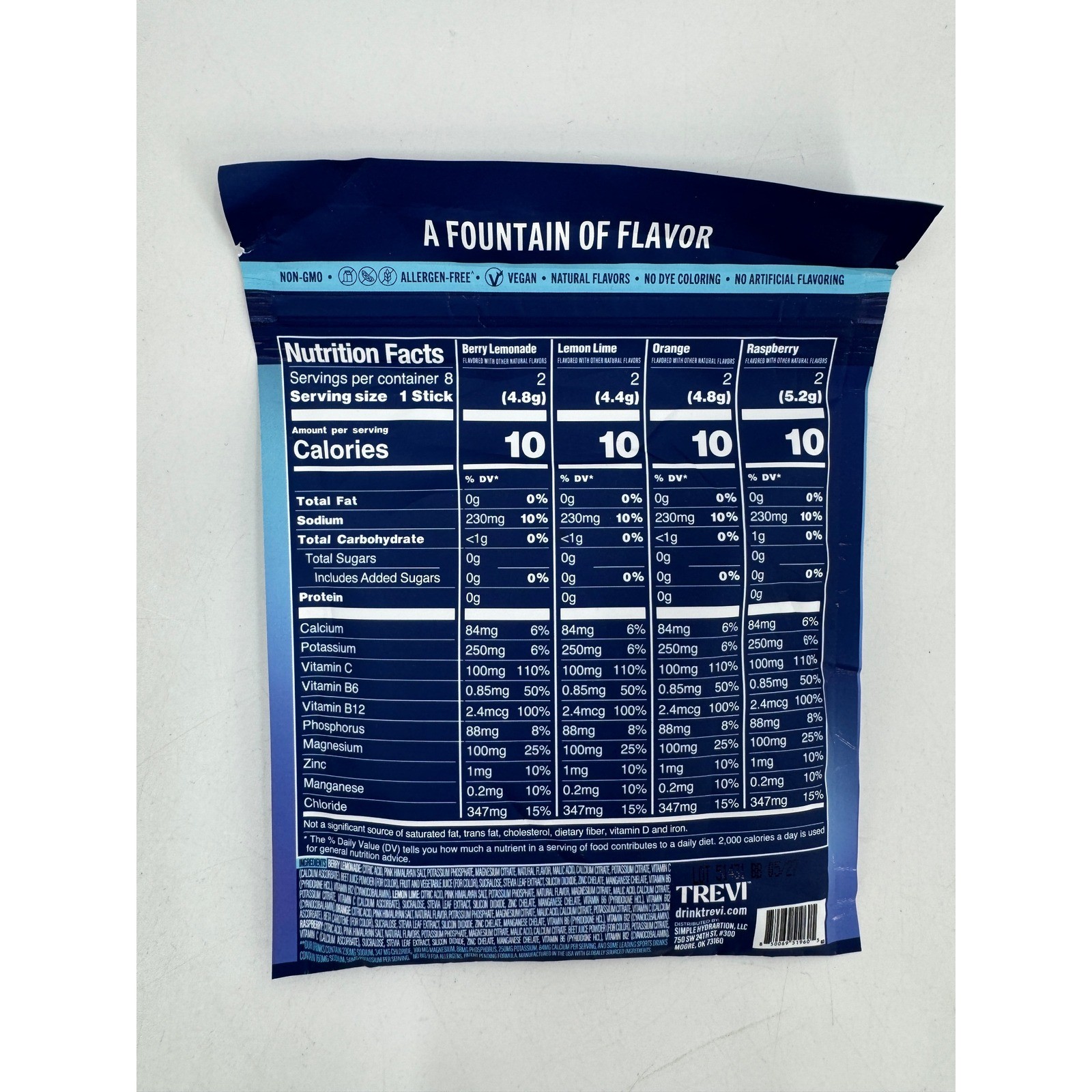 Trevi Enhanced Hydration Electrolyte Drink Mix Variety Pack 8 Stick Packs 05/27