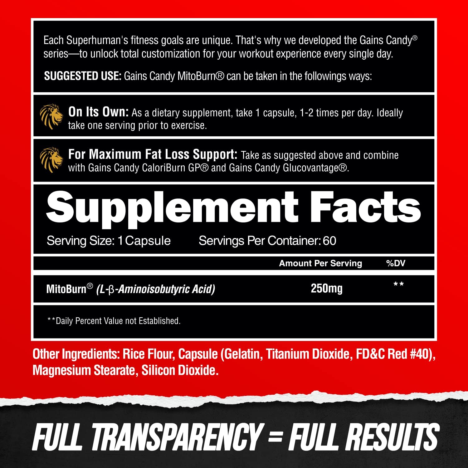 Gains Candy MitoBurn Dietary Supplement 60 Count Weight Loss Fat Burner Capsules