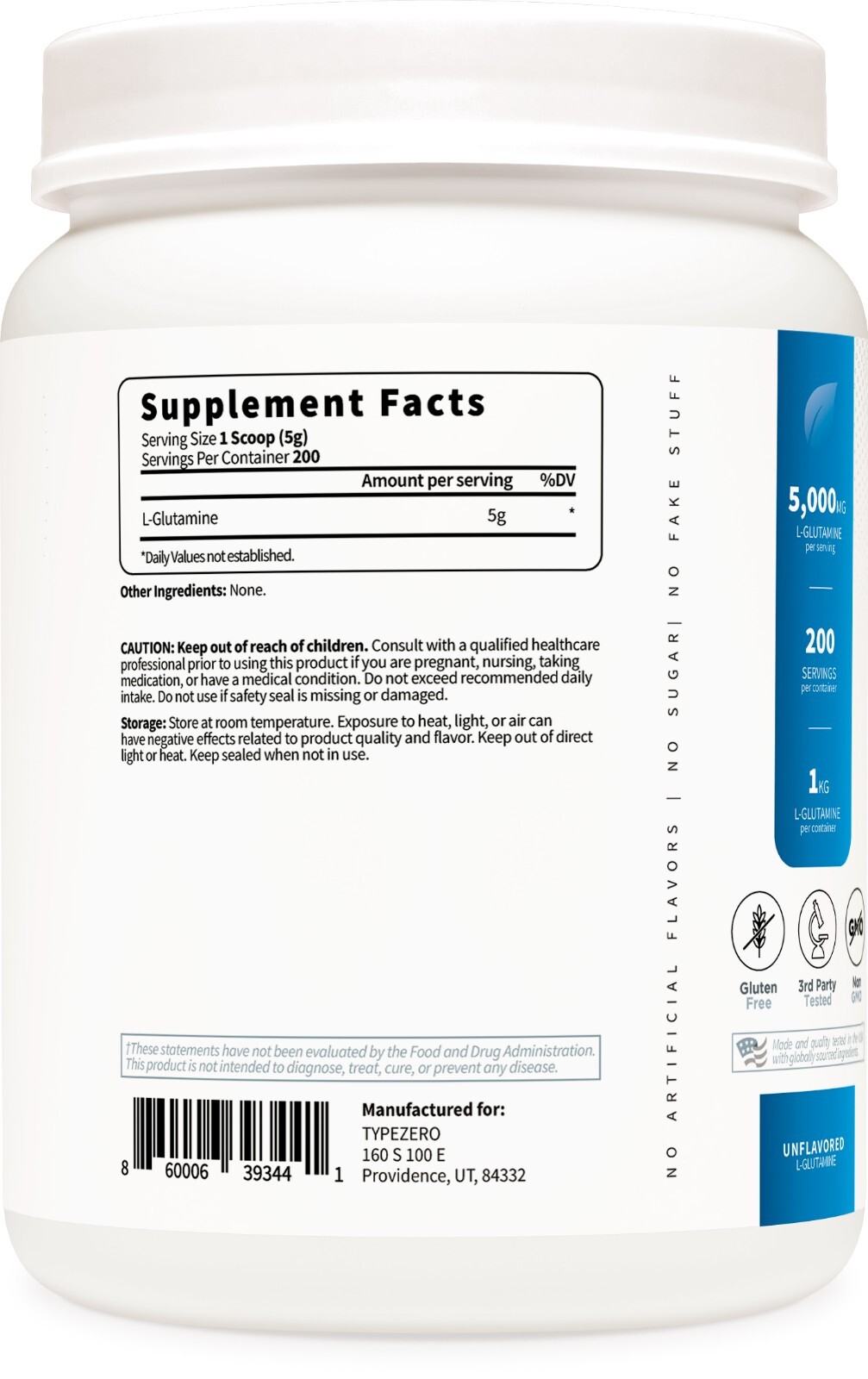 Type Zero 5X Strength L Glutamine Powder (5000mg | 1KG)