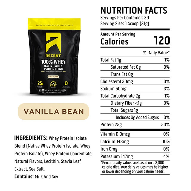 Ascent 100% whey Protein Powder Vanilla 2 lb | 29 Servings | 25g Whey Protein |