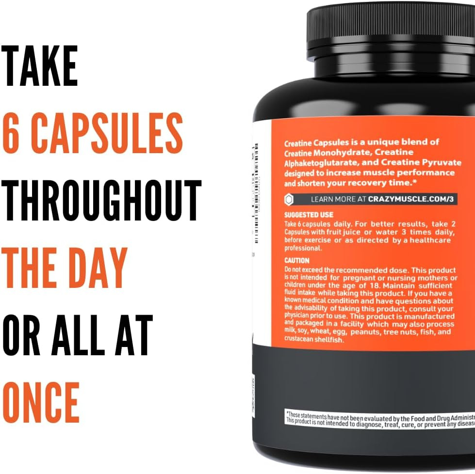 Creatine Capsules, 5G Premium 3X Threeatine Pre Workout Bulk Muscle Mass Gain…