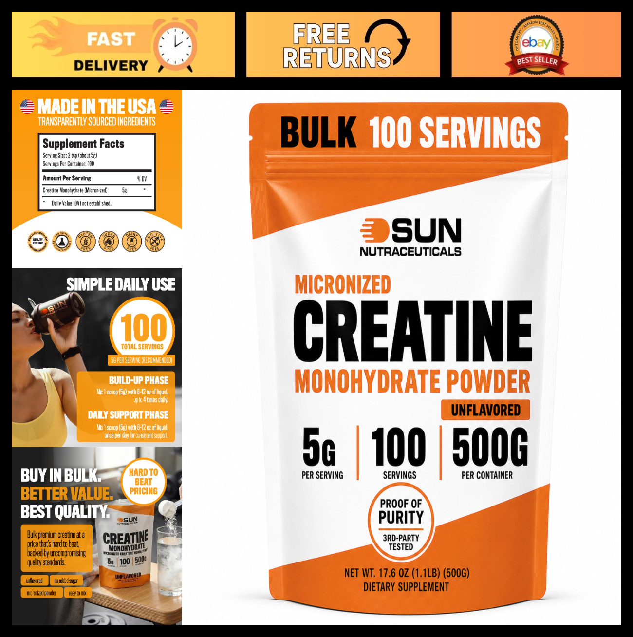 Bulk Creatine Powder 500g – Unflavored Monohydrate, 100 Servings, No Fillers, Mi