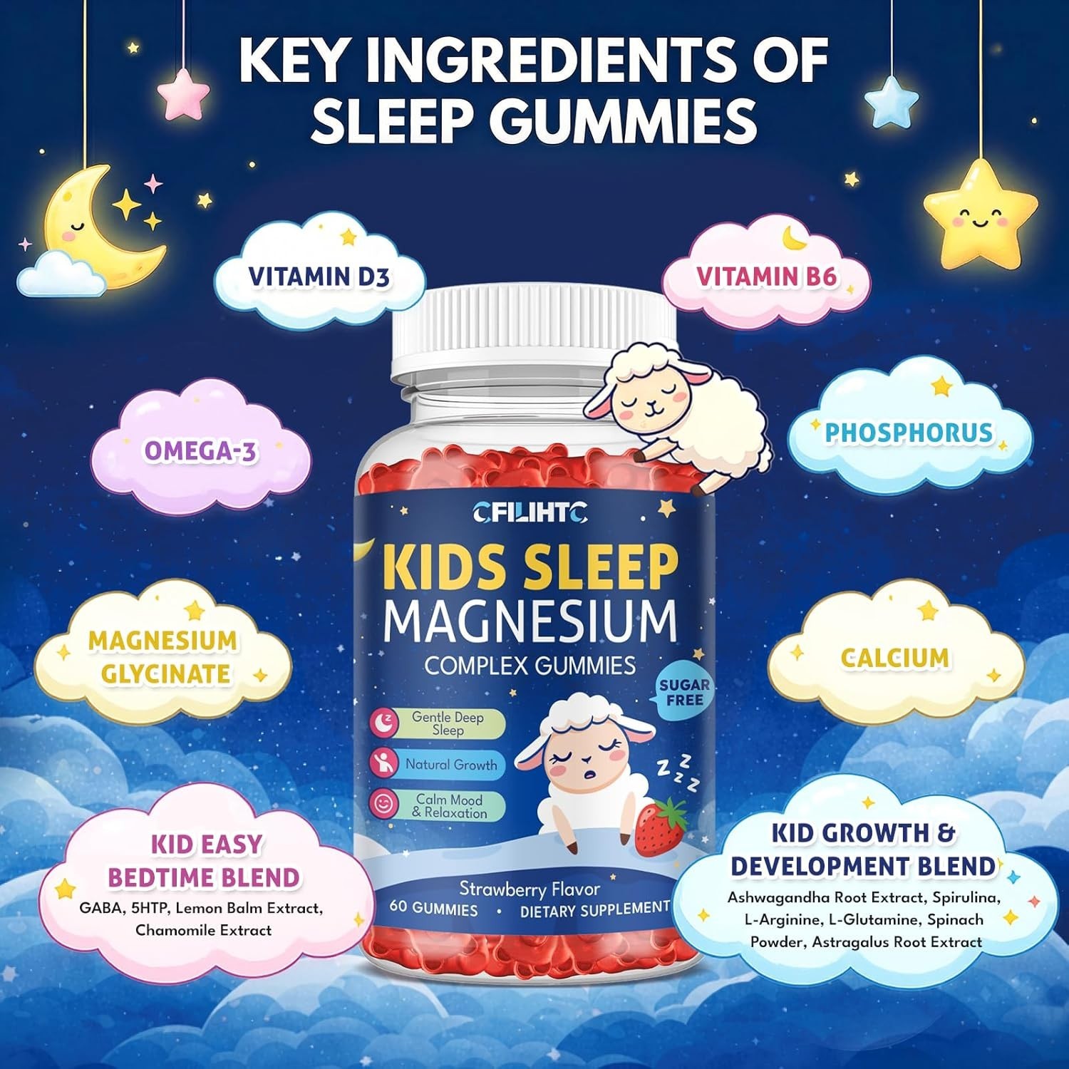 Magnesium Gummies for Kids, Magnesium Glycinate Gummies with Chamomile, Lemon