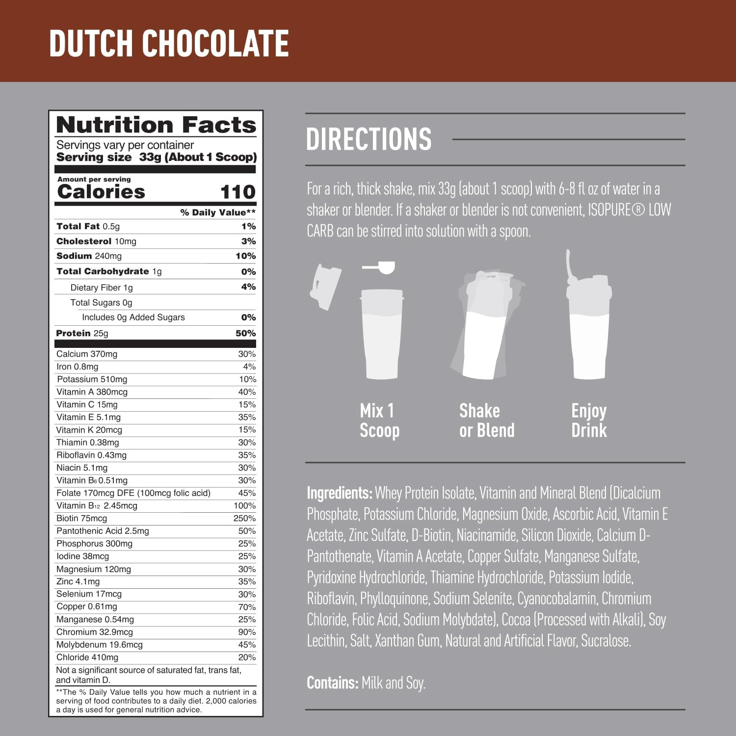 Low Carb Whey Isolate Protein Powder, 25g Protein per Serving, Dutch Chocolate,