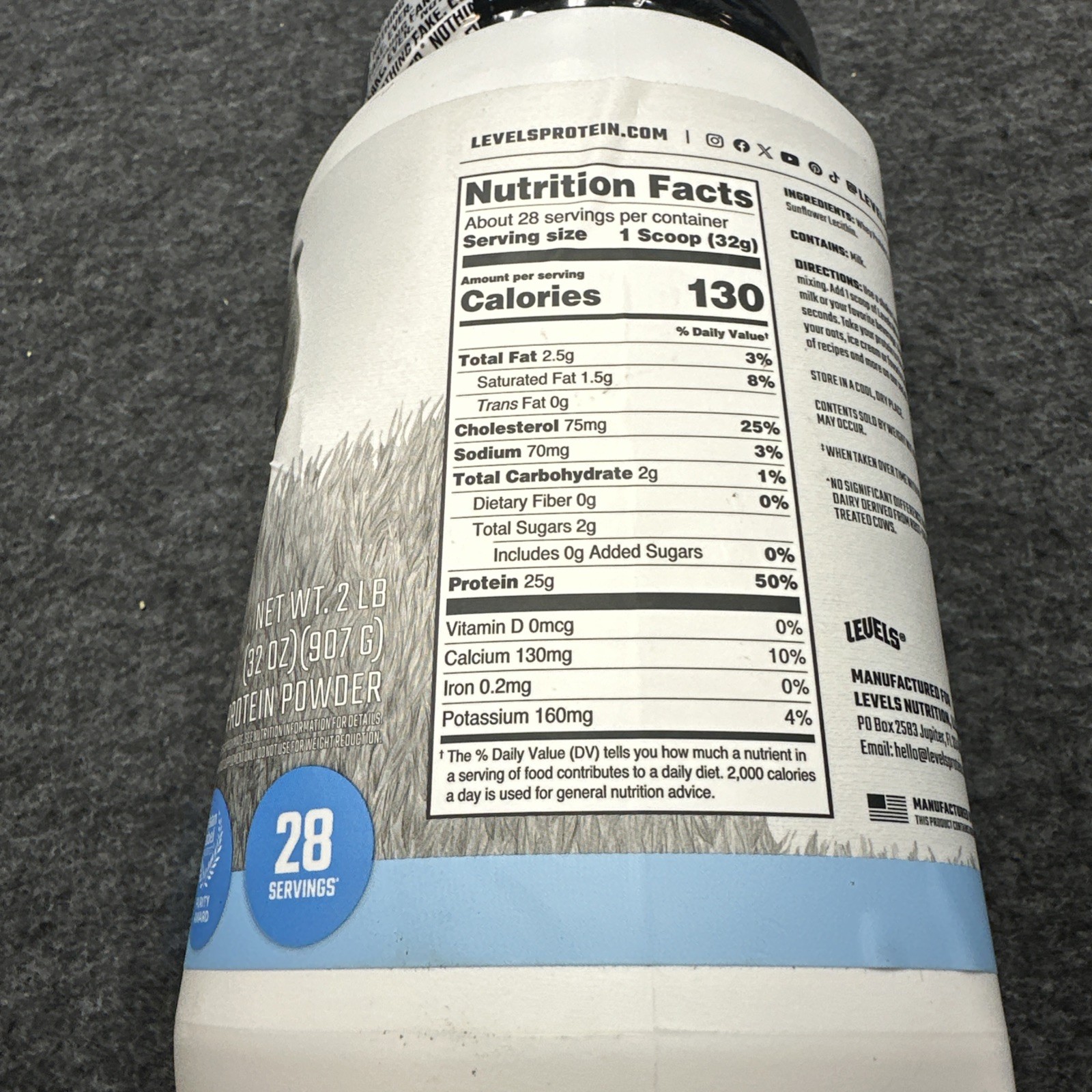 Levels Grass Fed Whey Protein Powder Unflavored 2 lb (907 g) EXP 3/28