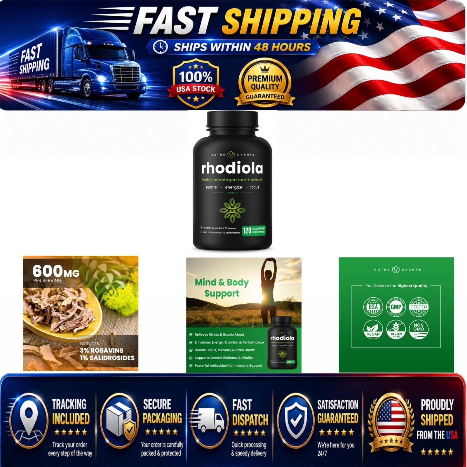 NutraChamps Rhodiola Rosea Supplement 600mg | 120 Vegan Capsules