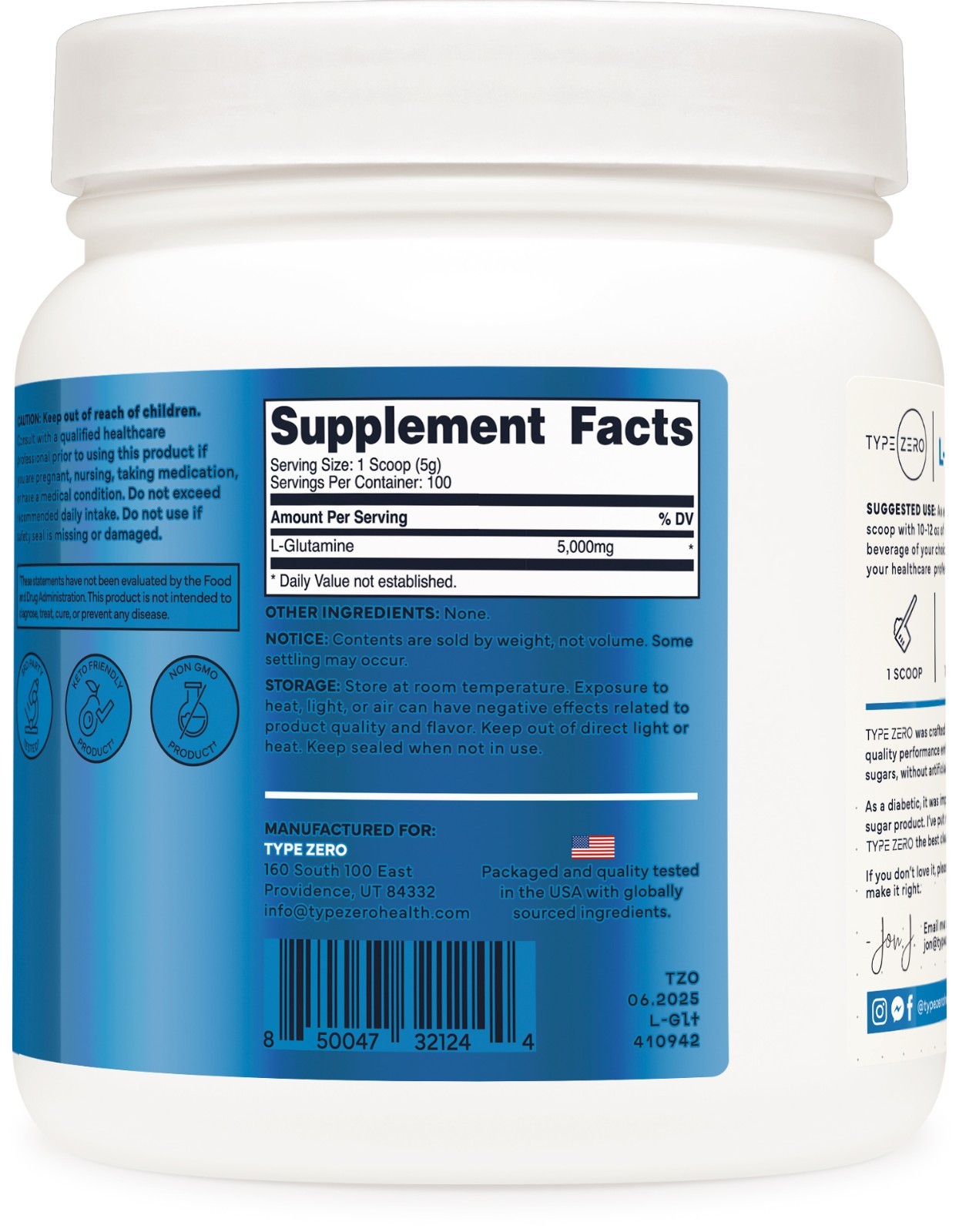 Type Zero 5X Strength L Glutamine Powder (500G) Pure L-Glutamine Supplement