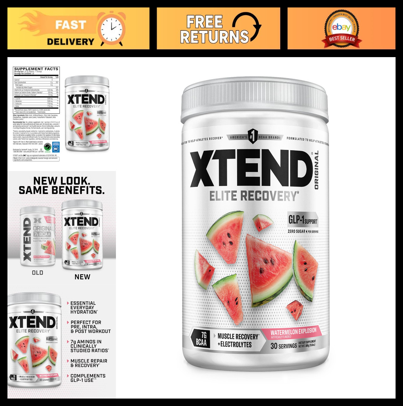 BCAA Powder for Muscle Recovery & Hydration, 7g BCAAs, Sugar-Free, Watermelon, 3