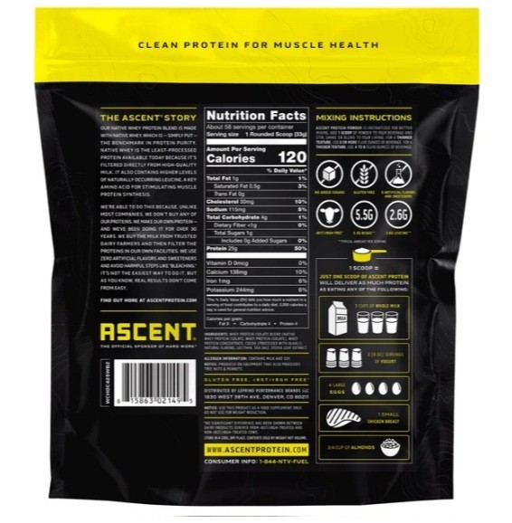 Ascent Whey Protein Vanilla Bean or Chocolate 4.25 lb Native Whey 25g Protein