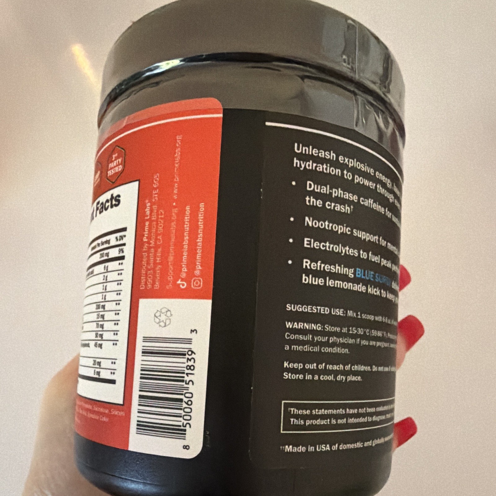 Prime Labs Pre-Workout Powder Blue Surge 30 Servings 13.76oz Non-GMO Exp 04/28