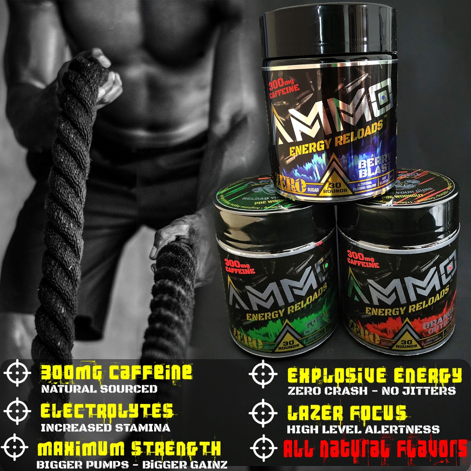 AMMO® Energy Reloads Pre Workout powder Coconut 300mg Caffeine Zero Sugar 30serv