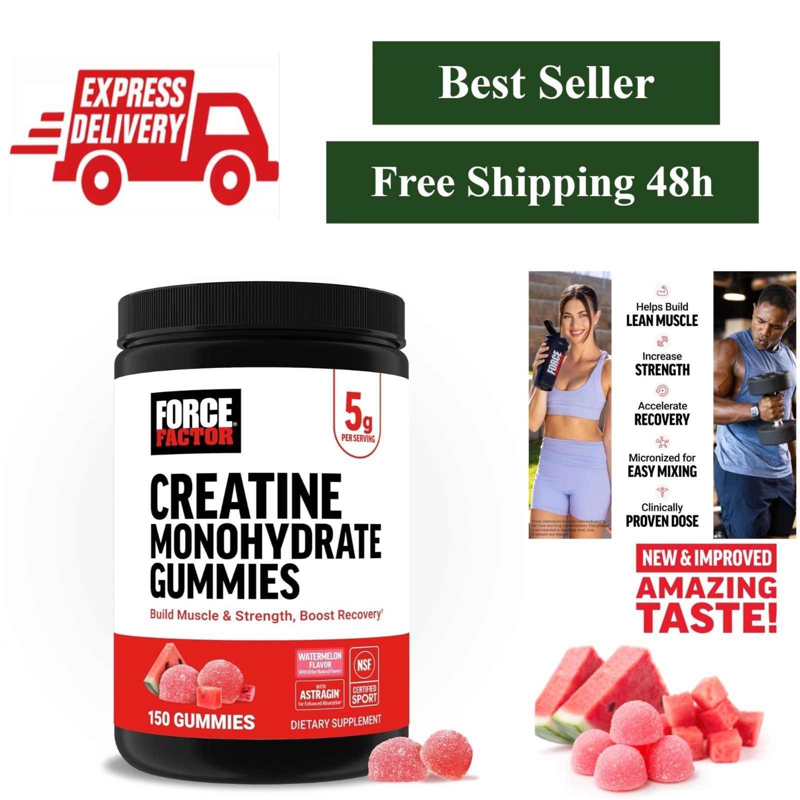 Force Factor Creatine Monohydrate Gummies – 150 Count, Watermelon Flavor