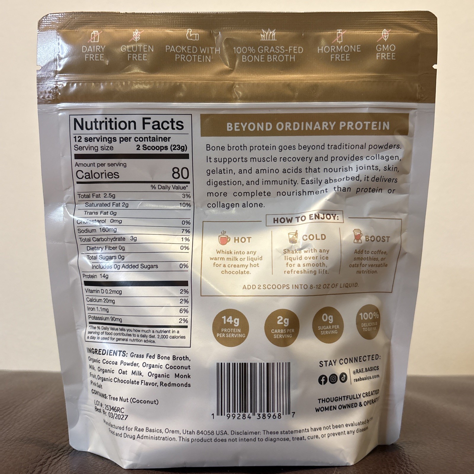 Rae Basics, Bone Broth Protein Mix, Chocolate, 14g Protein per, 12 Servings