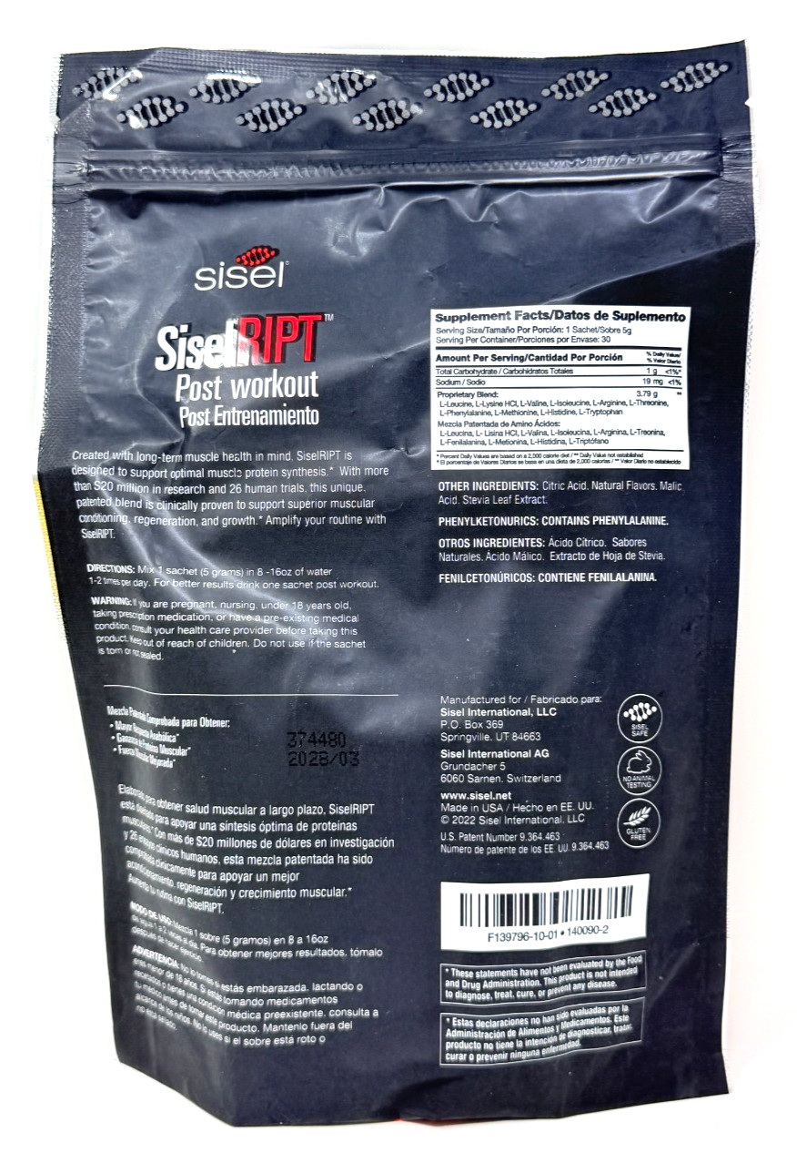 Sisel Ript SiselRipt Post Workout Lemon Berry 30 Sachets – EXP 3/28 – New/Sealed