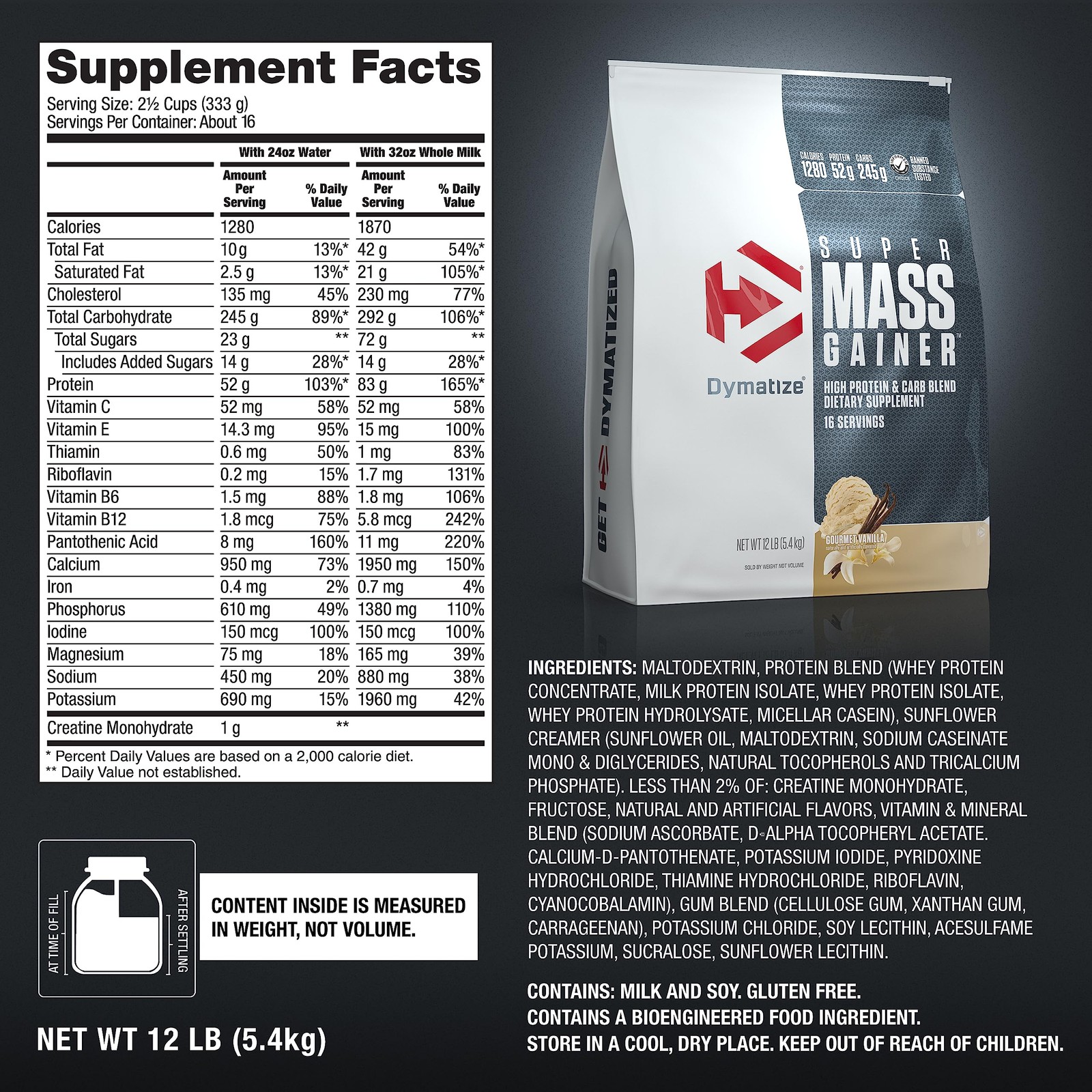Dymatize Super Mass Gainer Protein 12 Pound (Pack of 1), Gourmet Vanilla